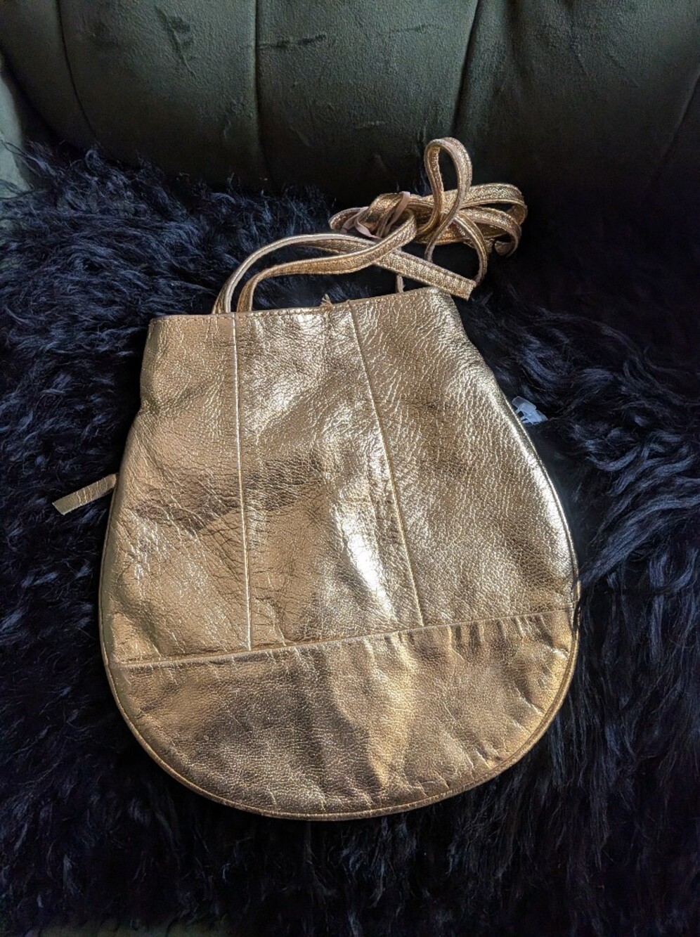 Vintage Metallic Gold Leather Crossbody Bag Pouch Bucket Bag- Women